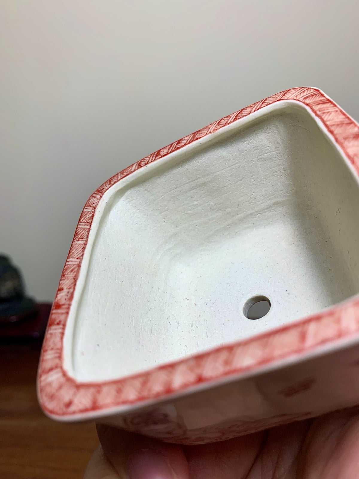 Tōshita Keishin Red-Painted Child Motif on Outer Rim, Square Japanese Bonsai Pot