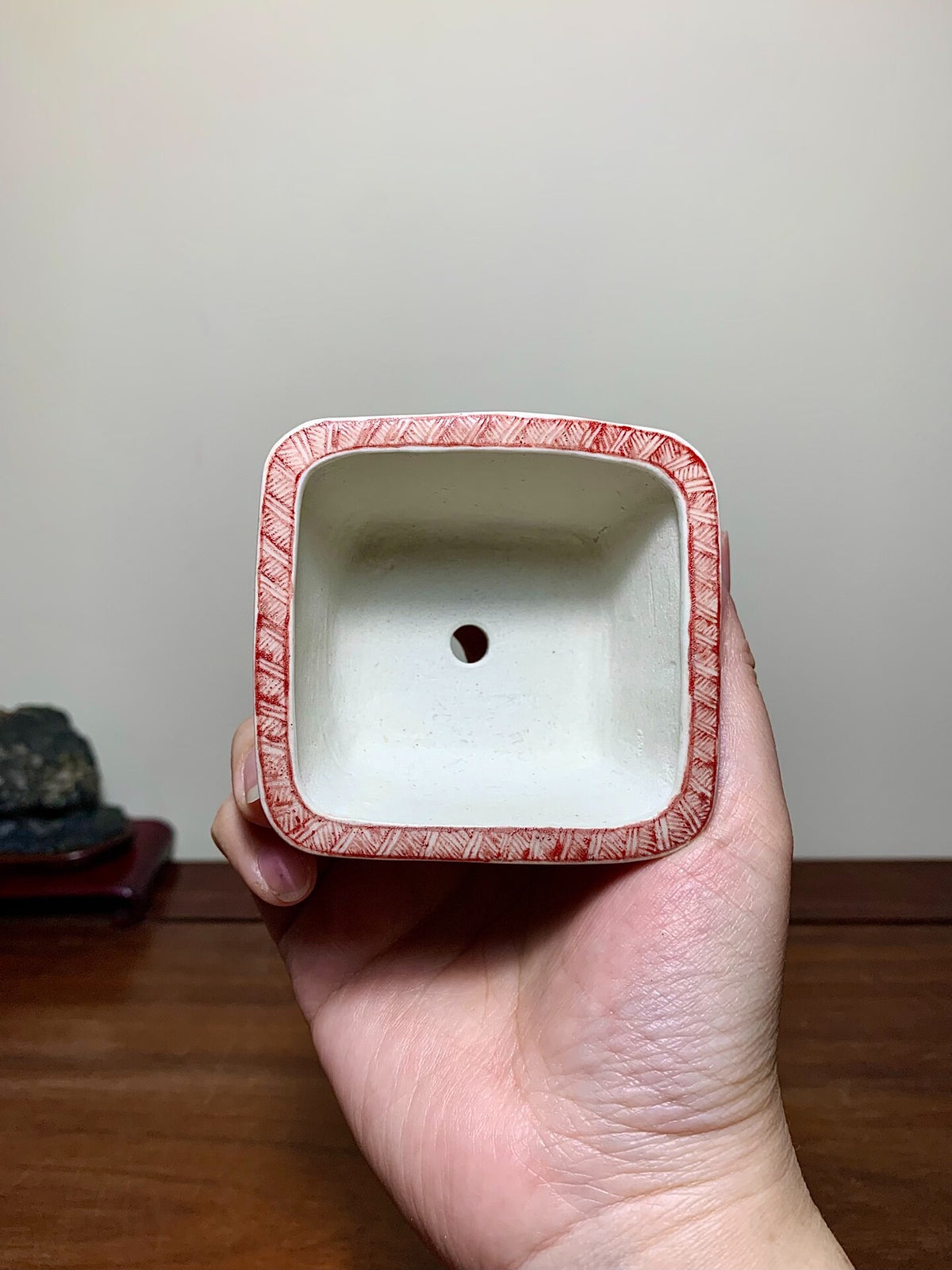 Tōshita Keishin Red-Painted Child Motif on Outer Rim, Square Japanese Bonsai Pot