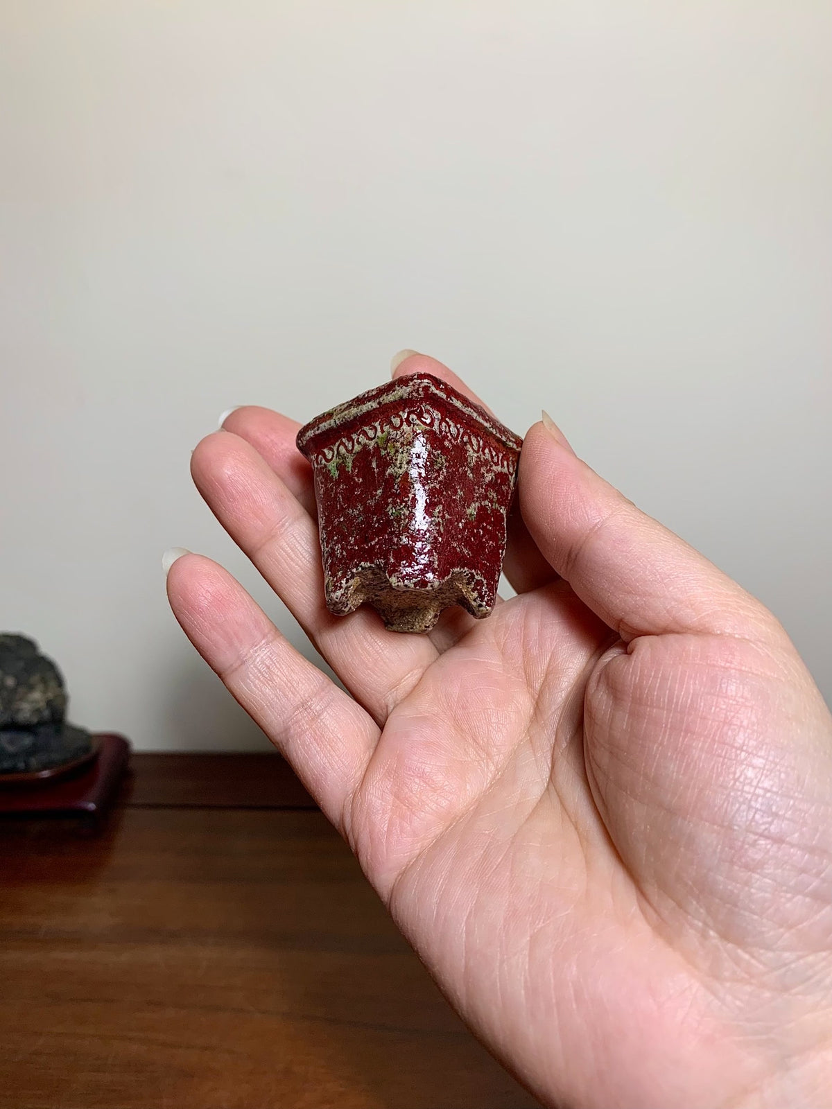 Shinsha Copper-Red Glaze Outer Rim Small Cylindrical Pot Japanese Bonsai Pot by Mizukami Yoshisada