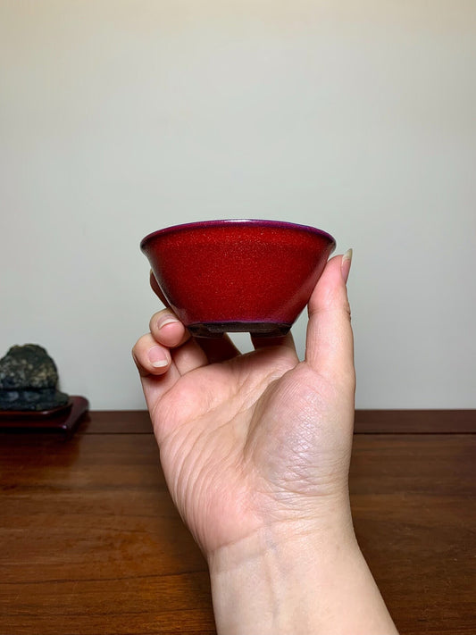A hand holds a small, deep red, glossy ceramic bowl with a purple rim.