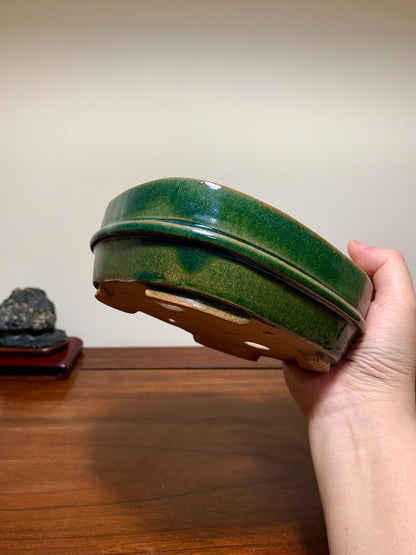 Takafu Green Glaze, Middle Band, Gently Flared Corners, Rectangular Japanese Flower Pot