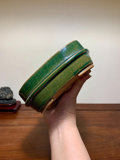 Takafu Green Glaze, Middle Band, Gently Flared Corners, Rectangular Japanese Flower Pot