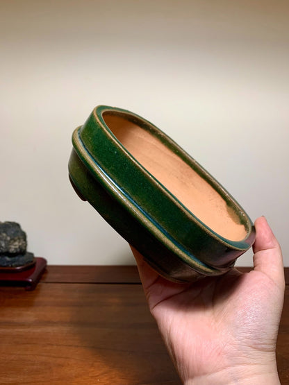 Takafu Green Glaze, Middle Band, Gently Flared Corners, Rectangular Japanese Flower Pot