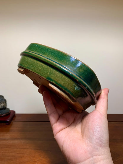 Takafu Green Glaze, Middle Band, Gently Flared Corners, Rectangular Japanese Flower Pot