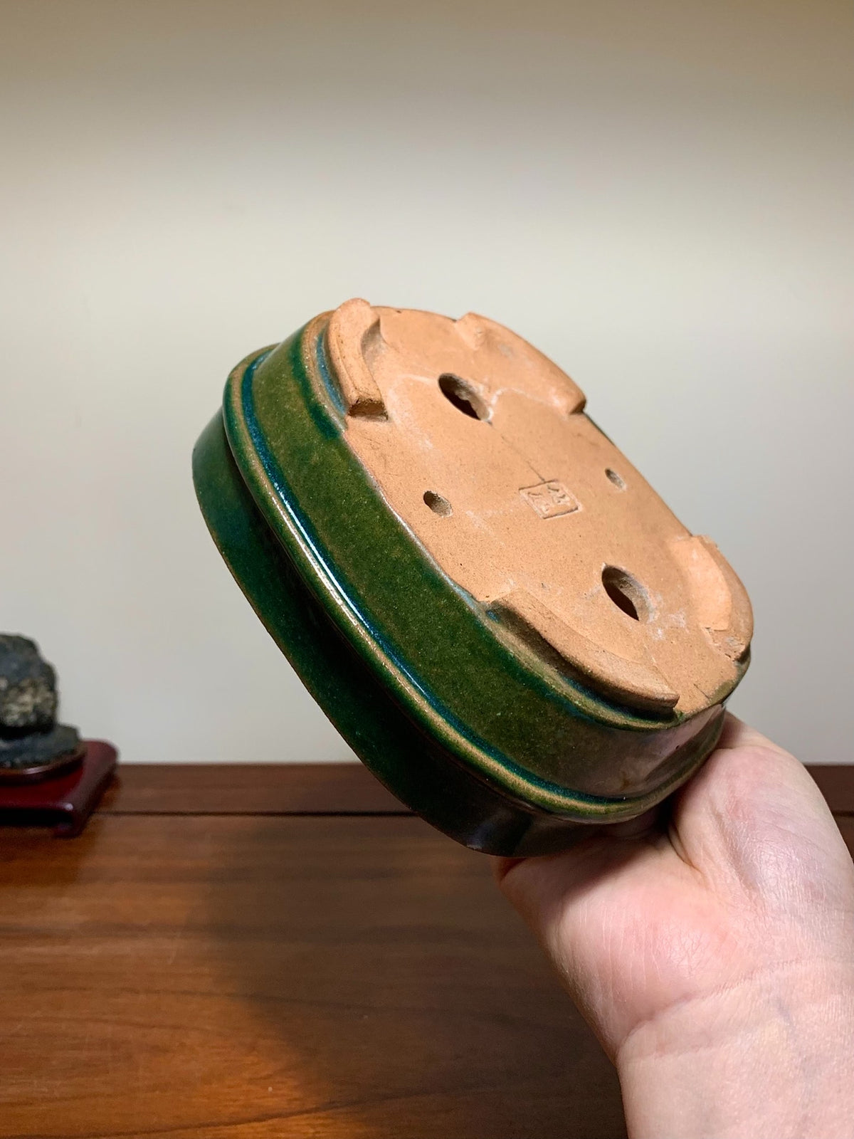 Takafu Green Glaze, Middle Band, Gently Flared Corners, Rectangular Japanese Flower Pot