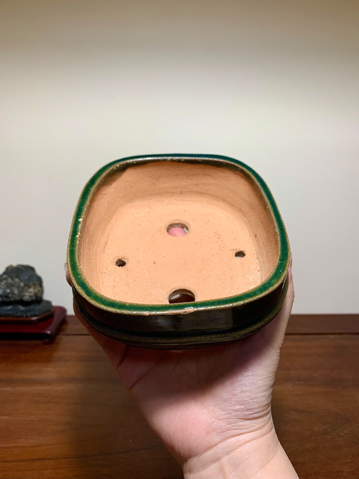 Takafu Green Glaze, Middle Band, Gently Flared Corners, Rectangular Japanese Flower Pot