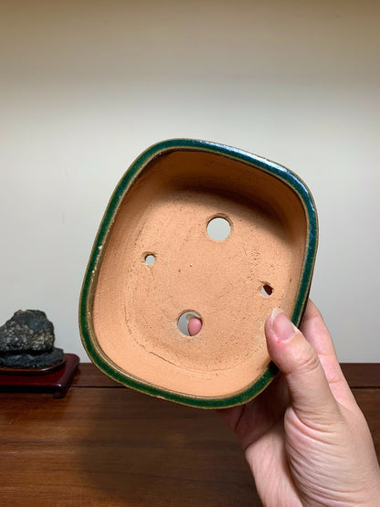 Takafu Green Glaze, Middle Band, Gently Flared Corners, Rectangular Japanese Flower Pot