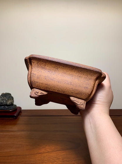 Outer Rim Corner-Inset Cloud Feet Rectangular Japanese Flower Pot by Nakano Gyōzan