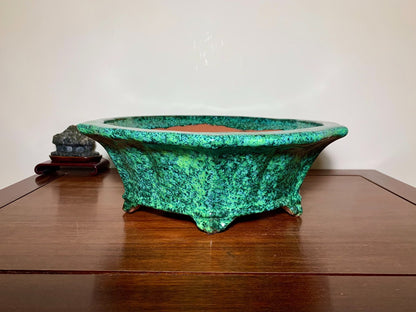 Green Glaze Kiln-Transmuted Lower Band Cloud Feet Antique Mirror-Rim Flower Pot Japan by Shuufu
