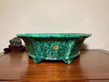 Green Glaze Kiln-Transmuted Lower Band Cloud Feet Antique Mirror-Rim Flower Pot Japan by Shuufu