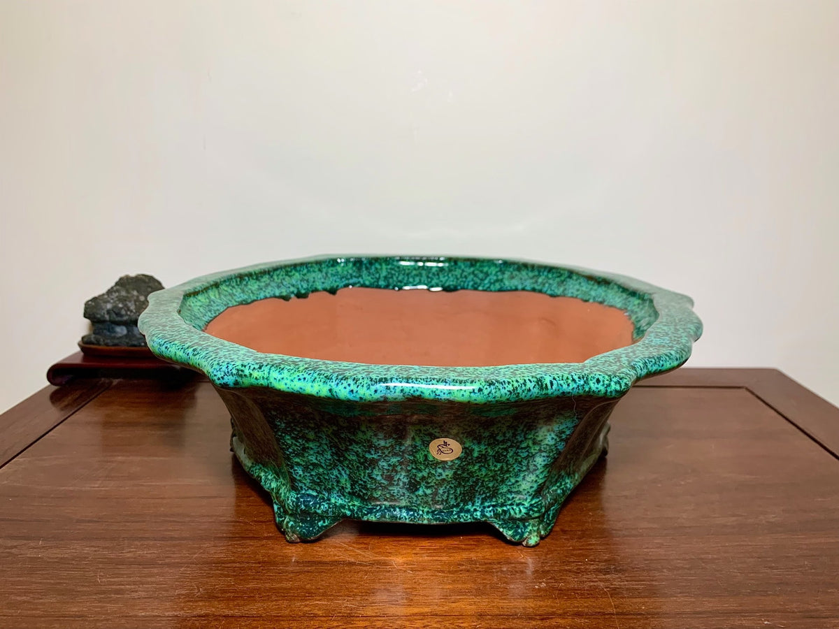 Green Glaze Kiln-Transmuted Lower Band Cloud Feet Antique Mirror-Rim Flower Pot Japan by Shuufu