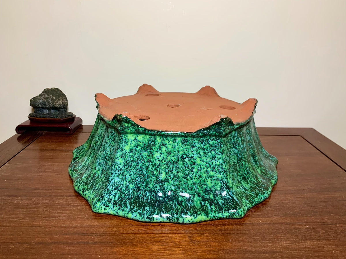 Green Glaze Kiln-Transmuted Lower Band Cloud Feet Antique Mirror-Rim Flower Pot Japan by Shuufu