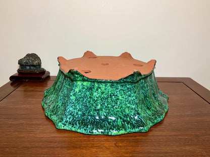 Green Glaze Kiln-Transmuted Lower Band Cloud Feet Antique Mirror-Rim Flower Pot Japan by Shuufu
