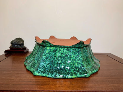 Green Glaze Kiln-Transmuted Lower Band Cloud Feet Antique Mirror-Rim Flower Pot Japan by Shuufu