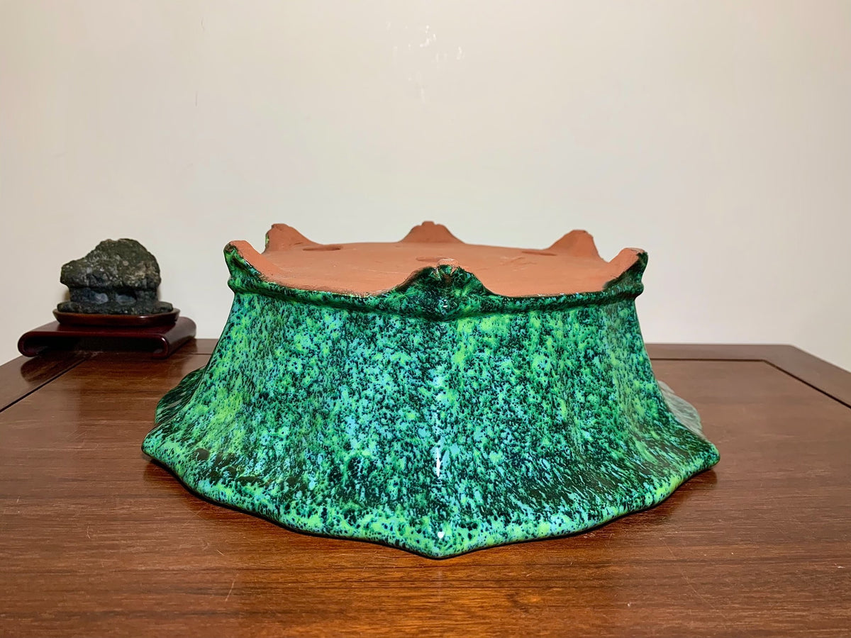 Green Glaze Kiln-Transmuted Lower Band Cloud Feet Antique Mirror-Rim Flower Pot Japan by Shuufu