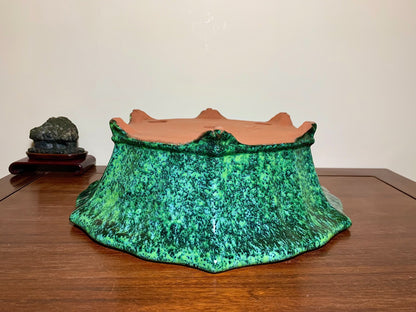 Green Glaze Kiln-Transmuted Lower Band Cloud Feet Antique Mirror-Rim Flower Pot Japan by Shuufu