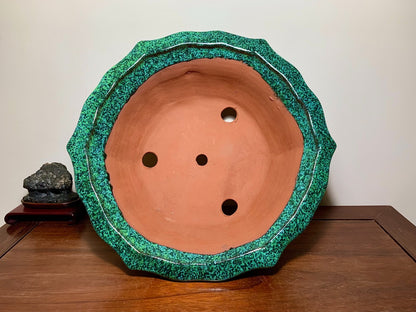 Green Glaze Kiln-Transmuted Lower Band Cloud Feet Antique Mirror-Rim Flower Pot Japan by Shuufu