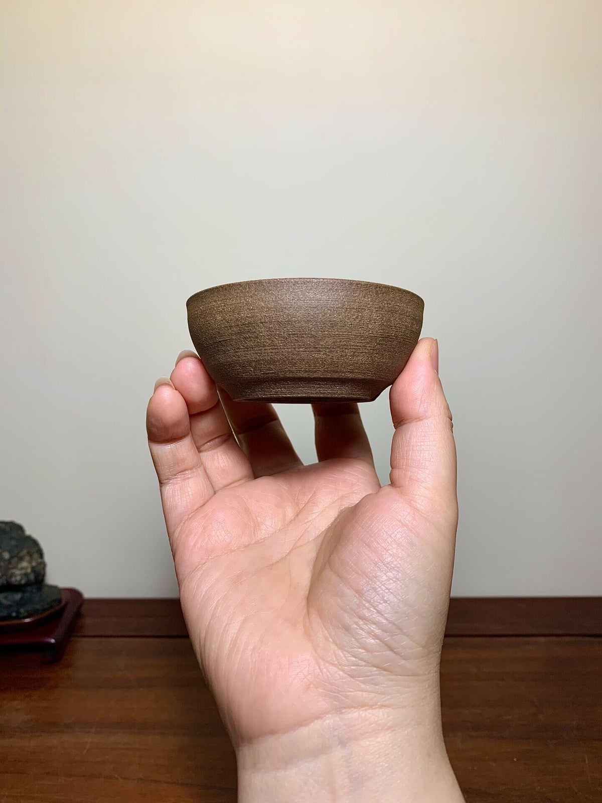 A hand holds a small, brown, matte-finished ceramic bowl with a wide rim and gently sloping sides.