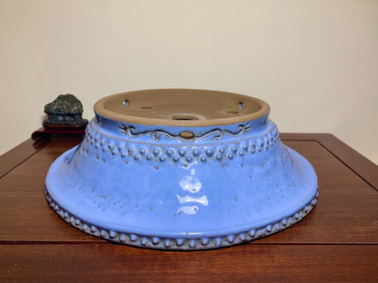 Kinyo Ruri Glaze, Outer Rim, Floral Feet, Round Pot by Shuufu