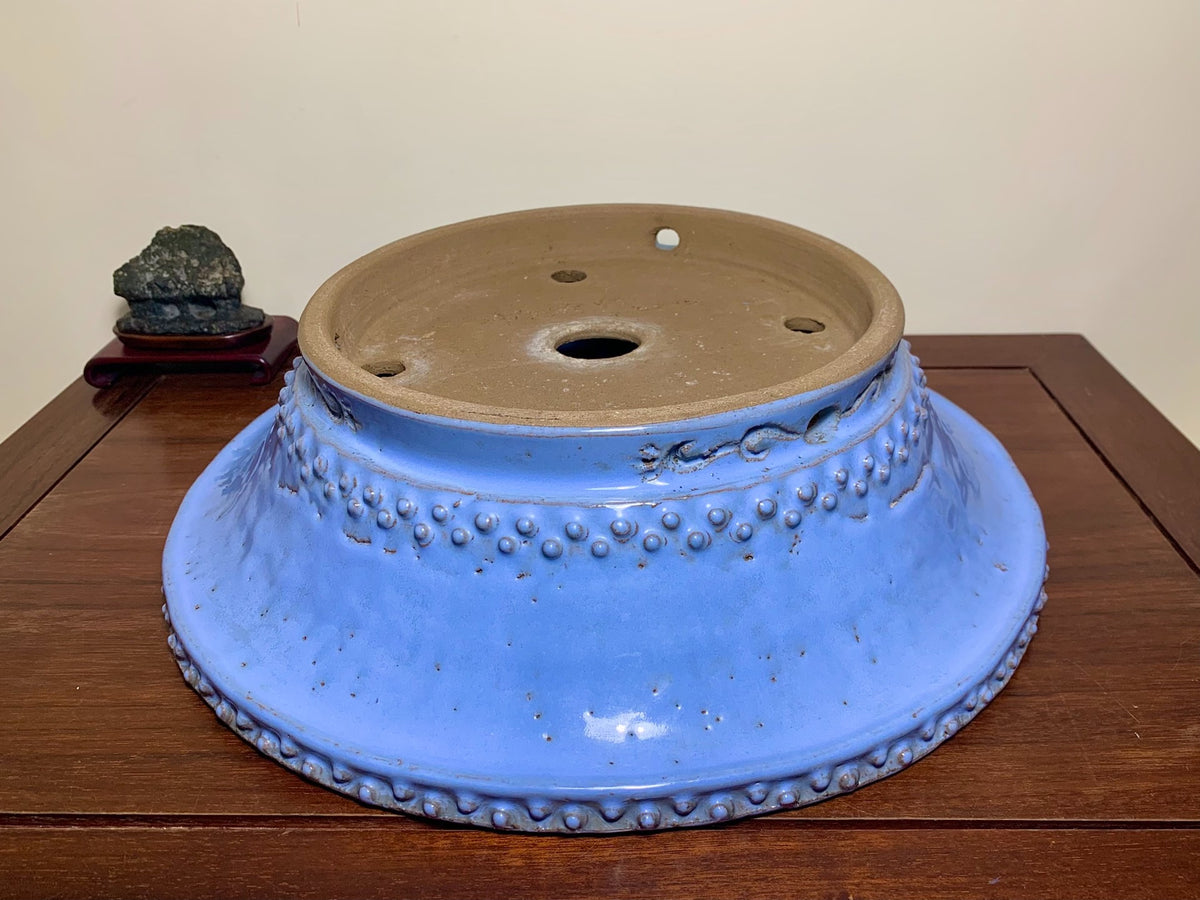 Kinyo Ruri Glaze, Outer Rim, Floral Feet, Round Pot by Shuufu