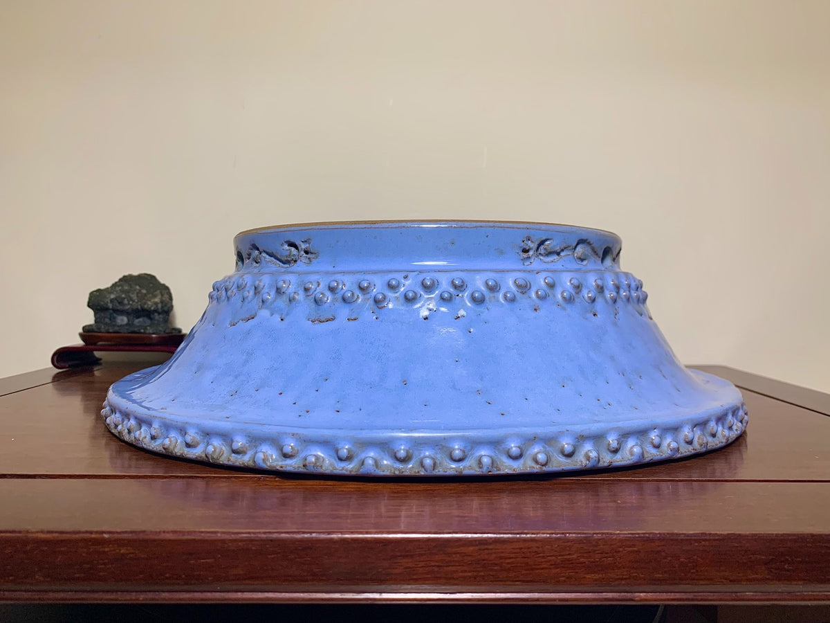 Kinyo Ruri Glaze, Outer Rim, Floral Feet, Round Pot by Shuufu