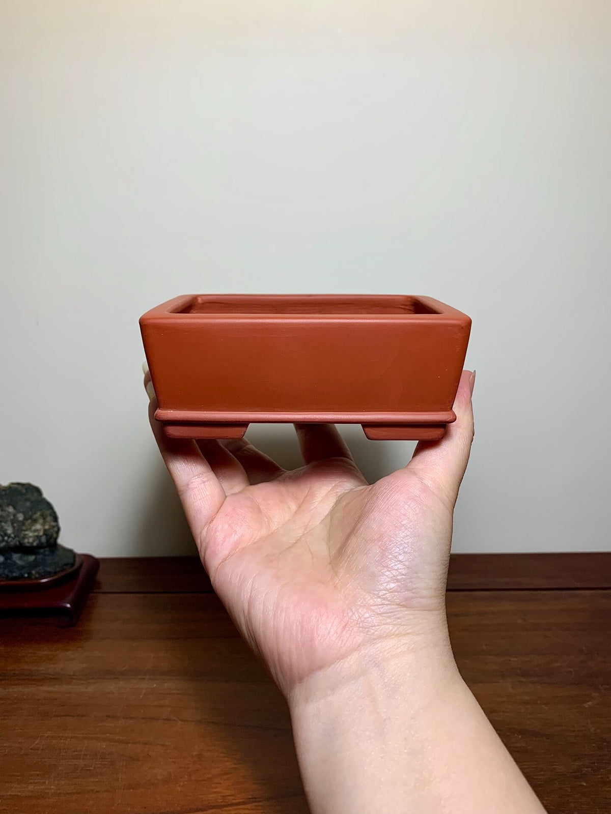 A hand holds a rectangular terracotta bonsai pot with a matte finish and unglazed surface.