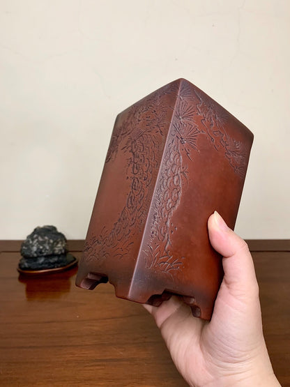 Incised Large Square Cylindrical Pot Japanese Bonsai Pot by Hirata Migen