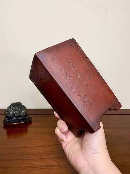 Incised Large Square Cylindrical Pot Japanese Bonsai Pot by Hirata Migen