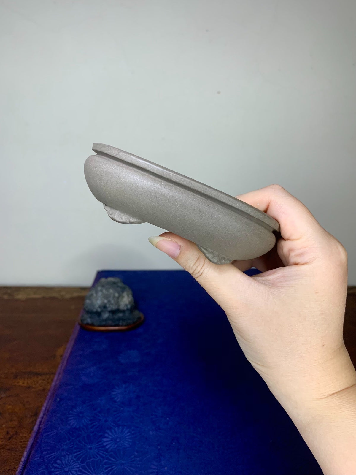 A hand holds a matte grey unglazed ceramic bonsai pot lid with a smooth, rounded rim.