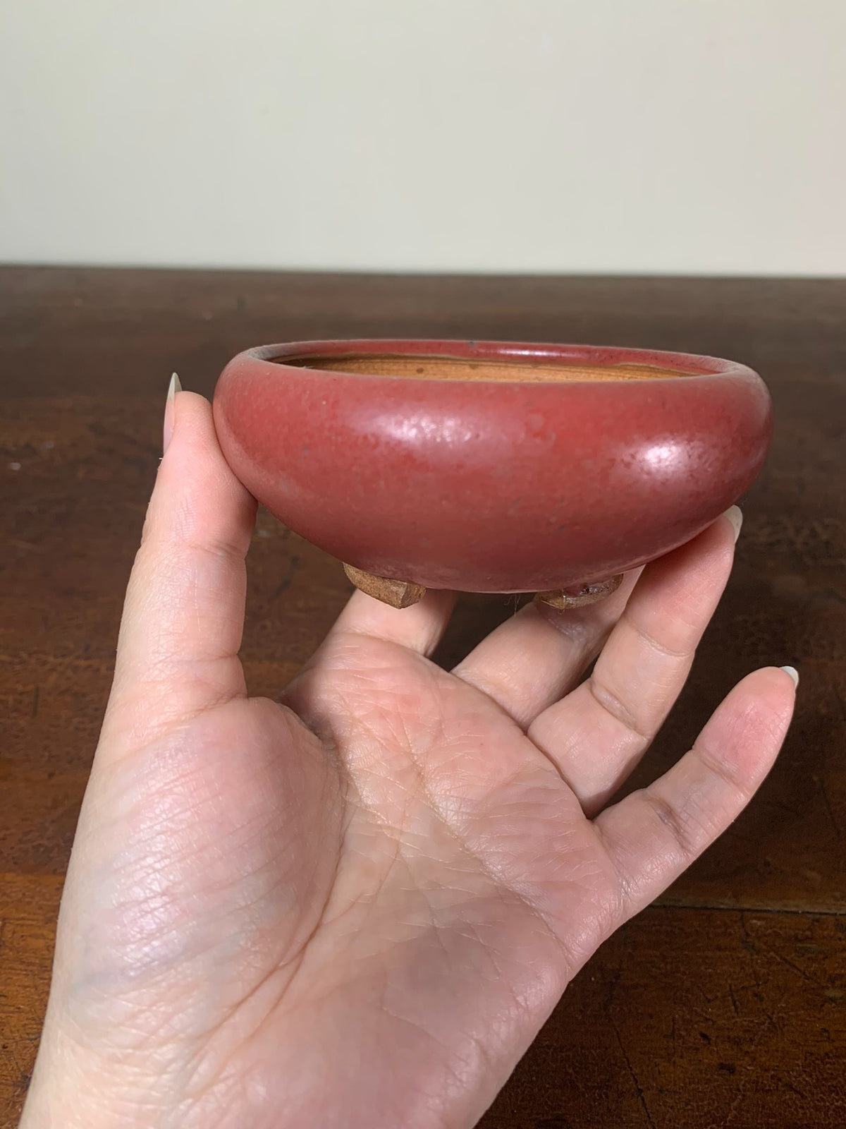 A hand holds a small, round, glossy reddish-brown ceramic pot with a shallow bowl and three feet.