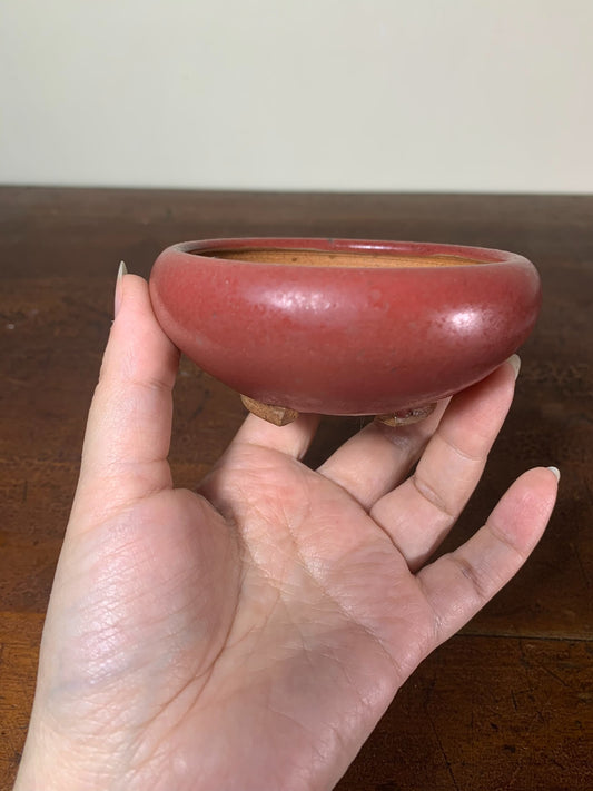 A hand holds a small, round, glossy reddish-brown ceramic pot with a shallow bowl and three feet.