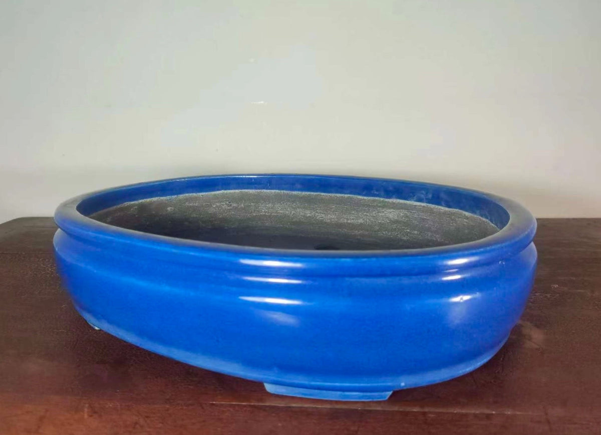 Shinshu Ruri Glaze Oval Pot with Bag-Shaped Body