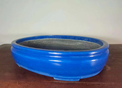 Shinshu Ruri Glaze Oval Pot with Bag-Shaped Body