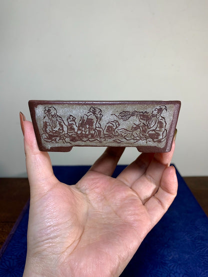春松+茶山 Super Rare Rectangular Pot with Incised Portraits of the Seven Sages on All Four Sides