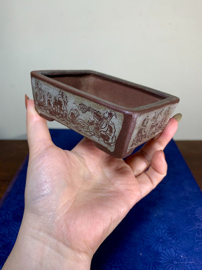 春松+茶山 Super Rare Rectangular Pot with Incised Portraits of the Seven Sages on All Four Sides