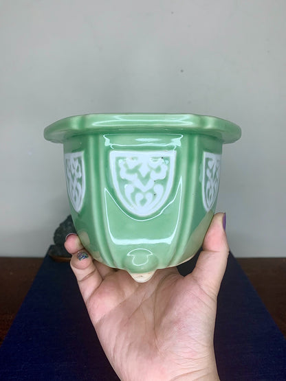 A hand holds a glossy light green ceramic pot with white shield-shaped decorations.