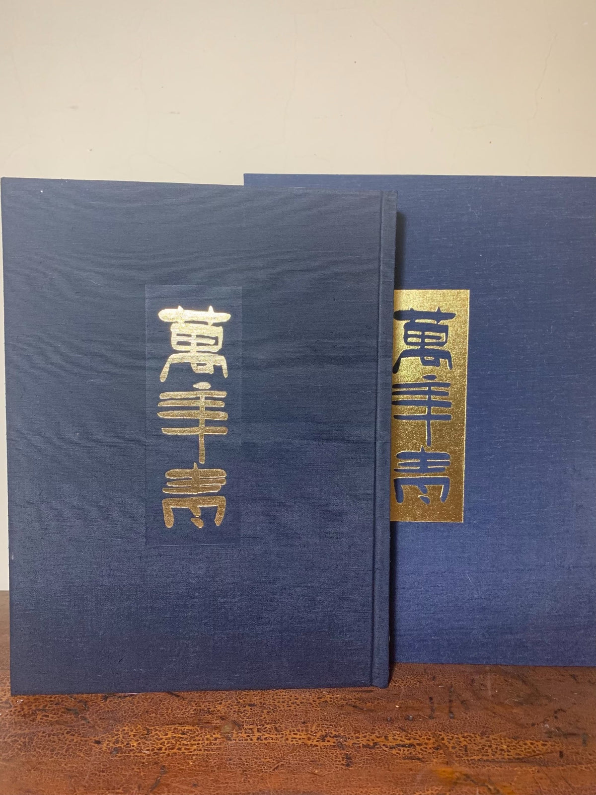 Two dark blue cloth-bound books with vertical gold foil characters on their spines.