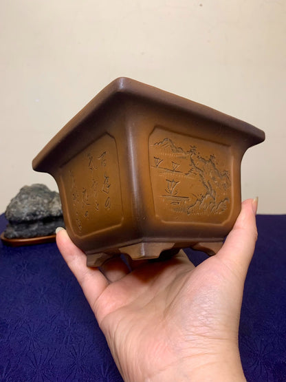 Incised Four-Sided Panels with Poems and Landscape, Pot by Bigei