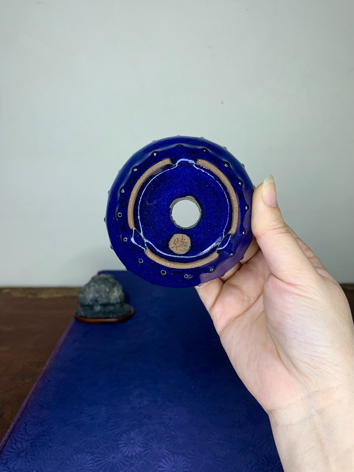 Double-Studded Ruri Blue Glaze Round Pot by Arai Akatsuki