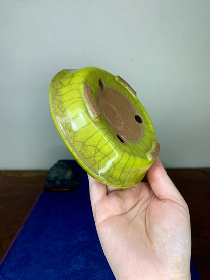 Hand-Pinched Yellow-Glazed Round Pot by Arai Akio