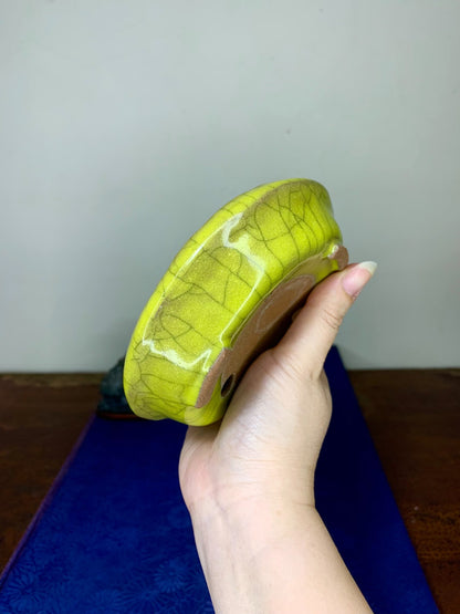 Hand-Pinched Yellow-Glazed Round Pot by Arai Akio