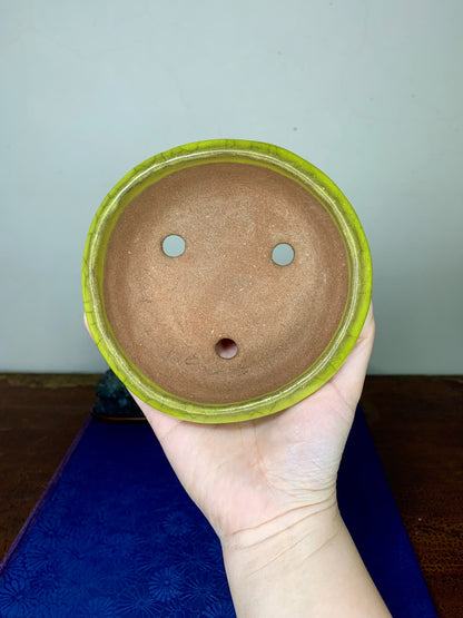 Hand-Pinched Yellow-Glazed Round Pot by Arai Akio