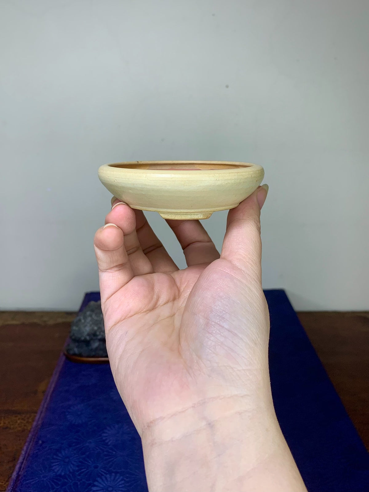 A hand holds a small, shallow, pale yellow glazed pot with a brown rim.