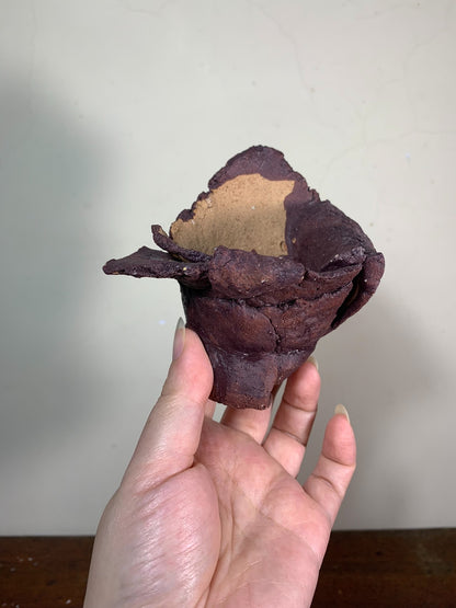A hand holds a dark brown, rough-textured, unglazed ceramic pot with a chipped rim and exposed tan interior.
