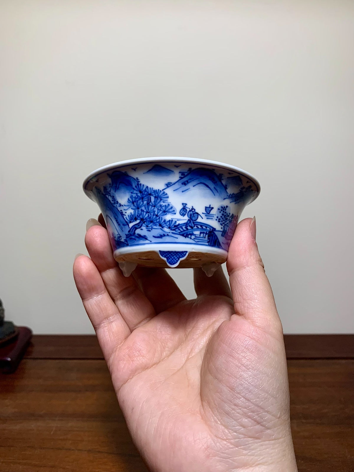 A hand holds a small blue and white ceramic pot with a landscape design.