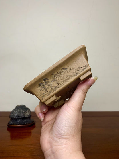 Manryuhei White Clay Studded Relief-Carved Landscape Outer Rim Gently Rounded Cut Feet Rectangular Pot