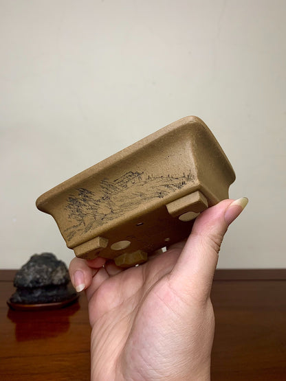 Manryuhei White Clay Studded Relief-Carved Landscape Outer Rim Gently Rounded Cut Feet Rectangular Pot