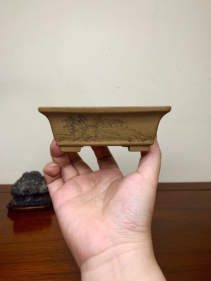 Manryuhei White Clay Studded Relief-Carved Landscape Outer Rim Gently Rounded Cut Feet Rectangular Pot