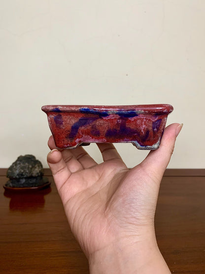 Echizen Bunsan Shinsha Copper-Red Glaze Kiln-Transmuted Cut-Foot Rectangular Pot