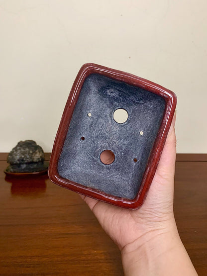 Echizen Bunsan Shinsha Copper-Red Glaze Kiln-Transmuted Cut-Foot Rectangular Pot
